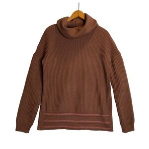 Prana Wool Sweater Brown Pink‎ Stripes Chunky Cowl Neck Ribbed Pullover Tunic M